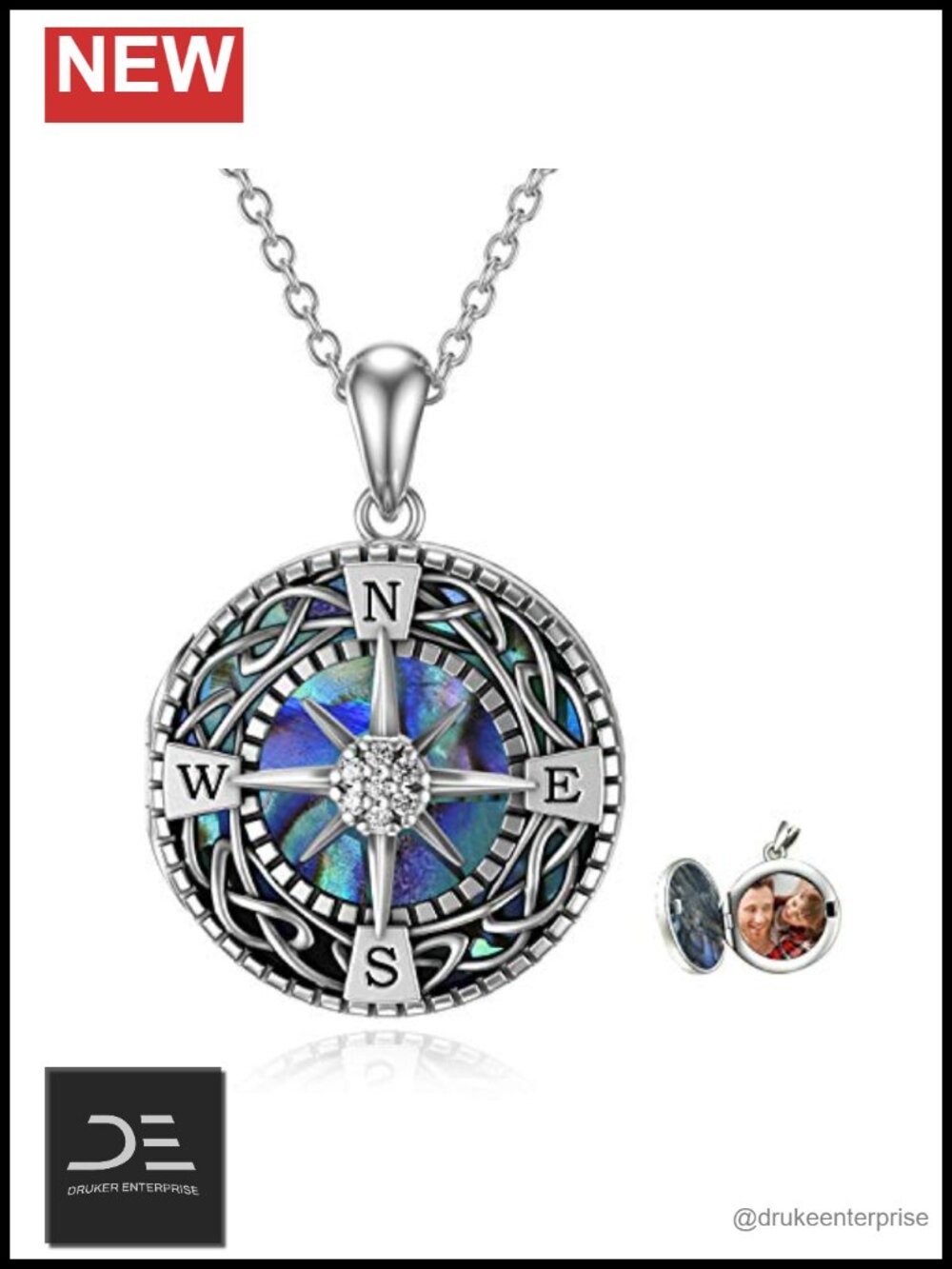 925 Sterling Silver Celtic Knot Compass Locket Necklace with Cubic Zirconia,